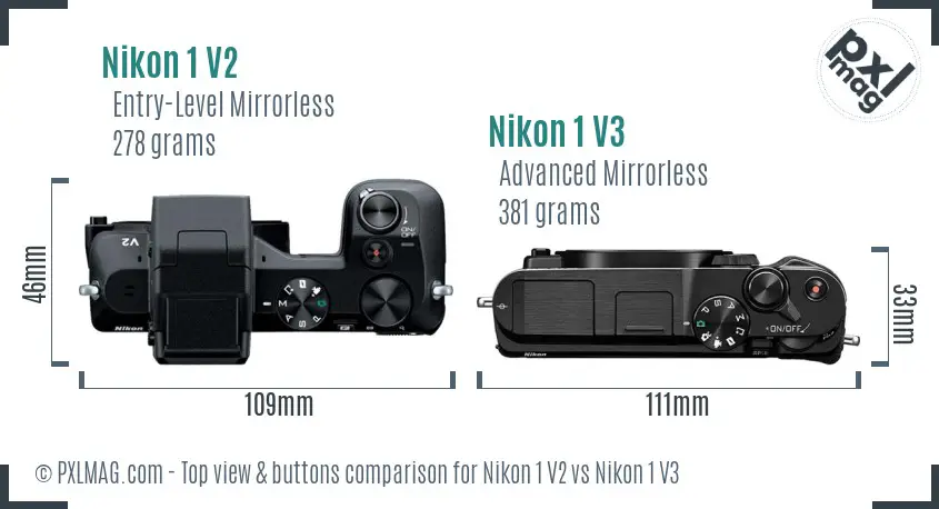 Nikon 1 V2 vs Nikon 1 V3 top view buttons comparison