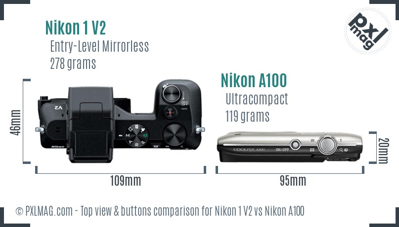 Nikon 1 V2 vs Nikon A100 top view buttons comparison