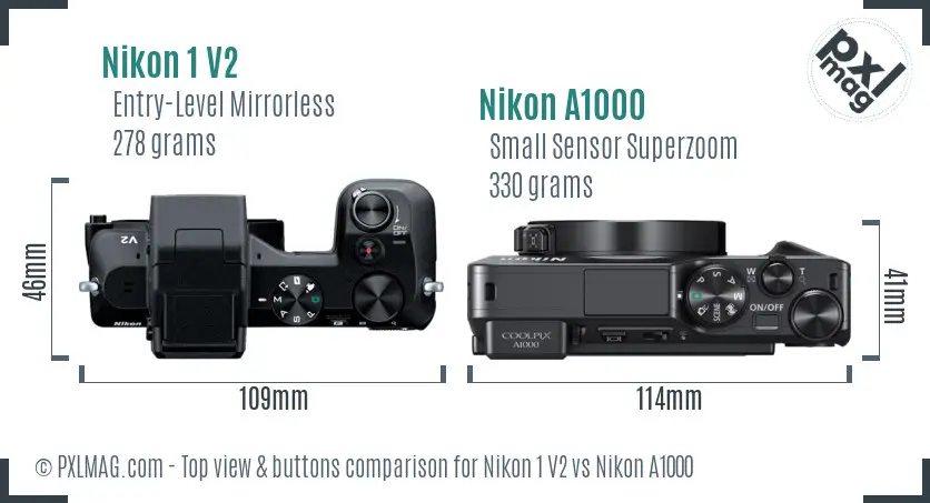 Nikon 1 V2 vs Nikon A1000 top view buttons comparison
