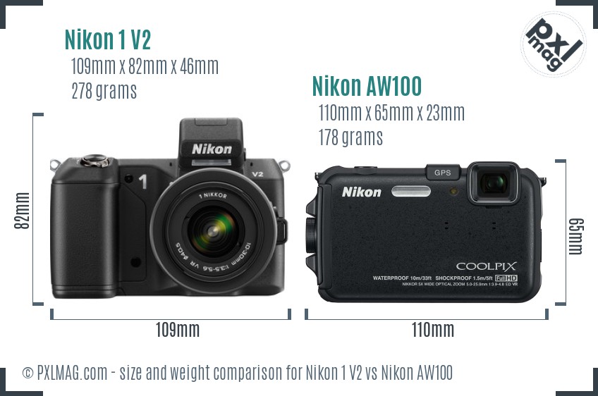 Nikon 1 V2 vs Nikon AW100 size comparison Nikon 1 V2 vs Nikon AW100 size comparison