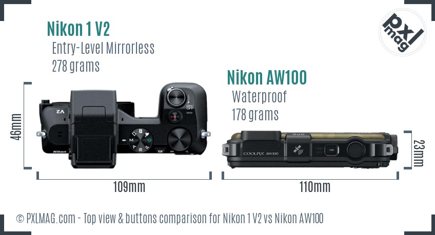 Nikon 1 V2 vs Nikon AW100 top view buttons comparison