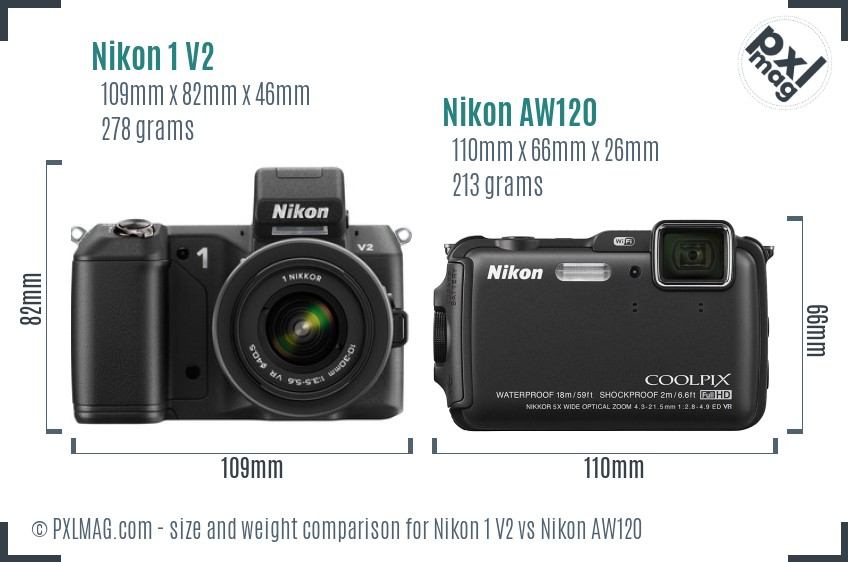 Nikon 1 V2 vs Nikon AW120 size comparison