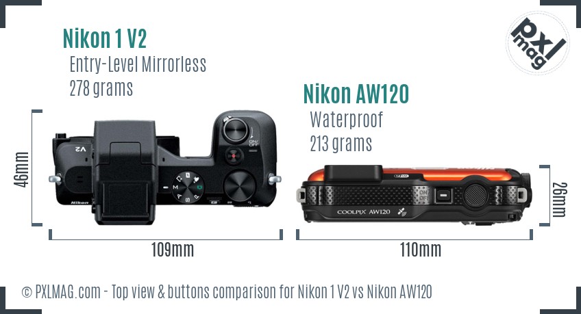 Nikon 1 V2 vs Nikon AW120 top view buttons comparison