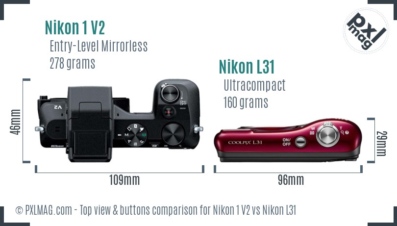 Nikon 1 V2 vs Nikon L31 top view buttons comparison