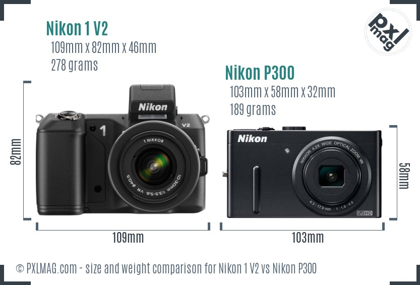 Nikon 1 V2 vs Nikon P300 size comparison
