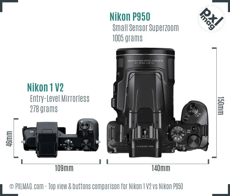Nikon 1 V2 vs Nikon P950 top view buttons comparison Nikon 1 V2 vs Nikon P950 top view buttons comparison