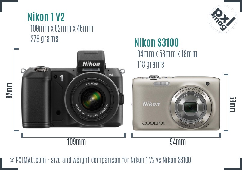 Nikon 1 V2 vs Nikon S3100 size comparison