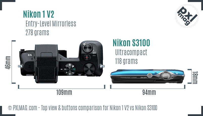 Nikon 1 V2 vs Nikon S3100 top view buttons comparison