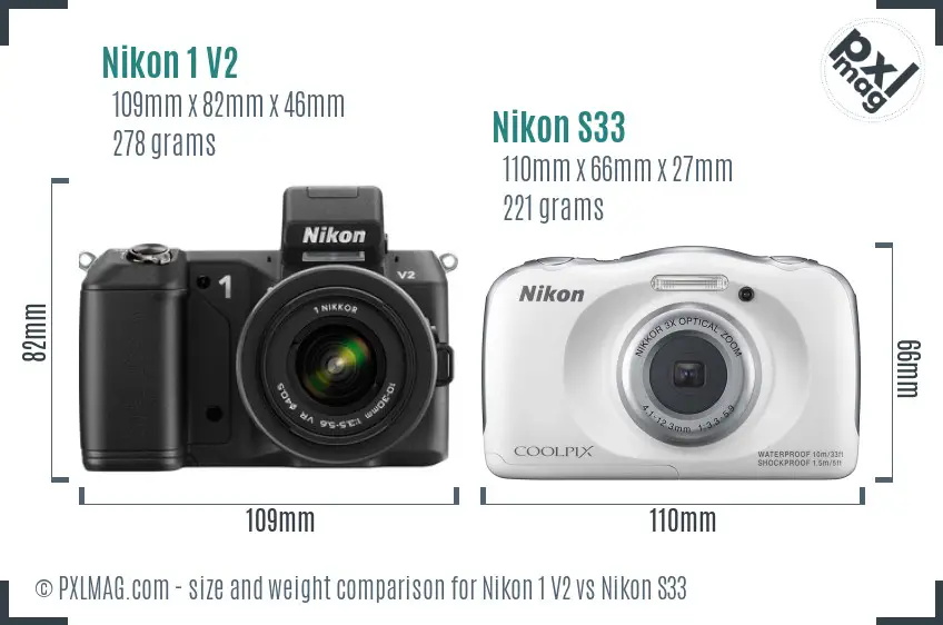 Nikon 1 V2 vs Nikon S33 size comparison