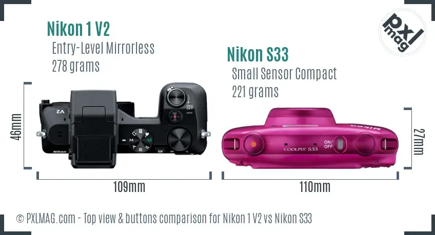 Nikon 1 V2 vs Nikon S33 top view buttons comparison