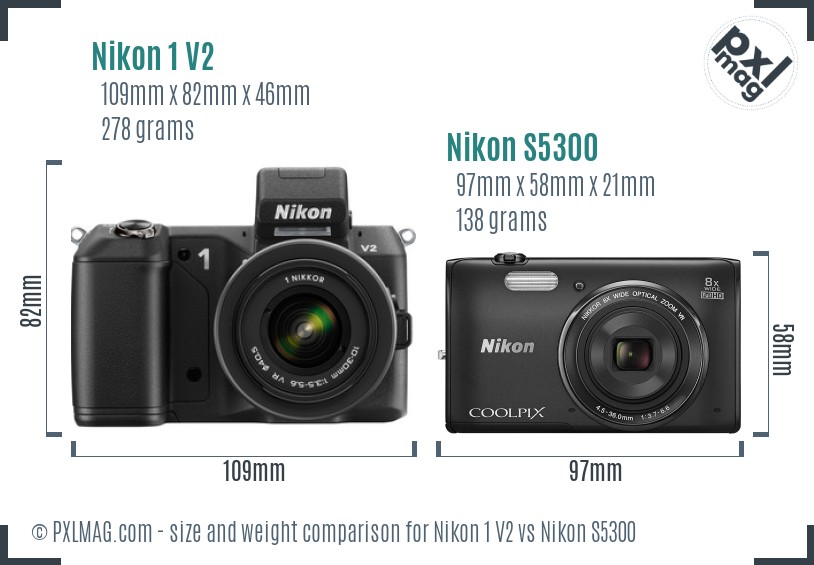 Nikon 1 V2 vs Nikon S5300 size comparison