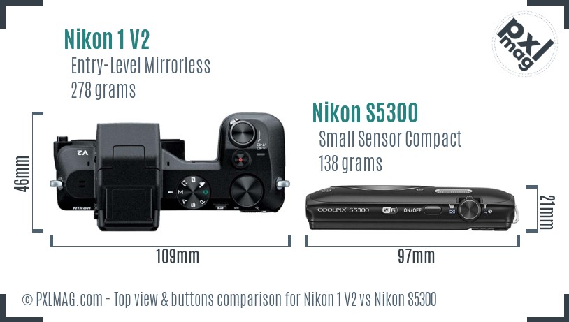 Nikon 1 V2 vs Nikon S5300 top view buttons comparison