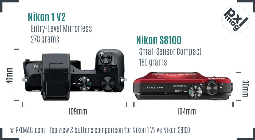 Nikon 1 V2 vs Nikon S8100 top view buttons comparison