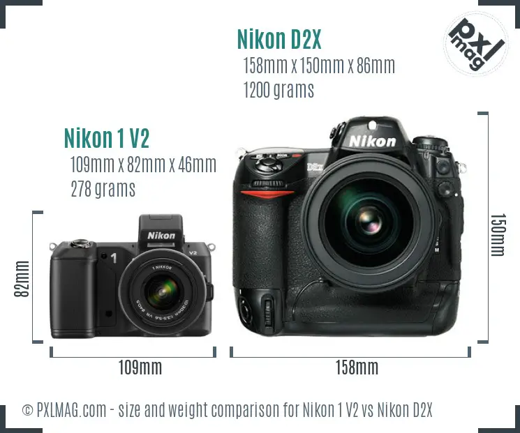 Nikon 1 V2 vs Nikon D2X size comparison