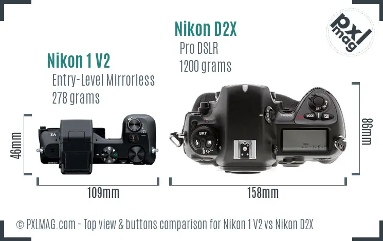 Nikon 1 V2 vs Nikon D2X top view buttons comparison