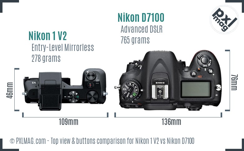 Nikon 1 V2 vs Nikon D7100 top view buttons comparison