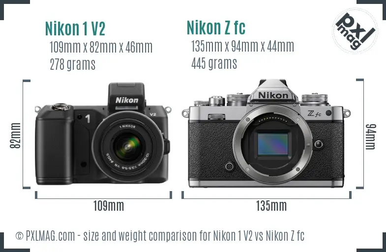 Nikon 1 V2 vs Nikon Z fc size comparison