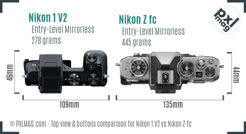 Nikon 1 V2 vs Nikon Z fc top view buttons comparison