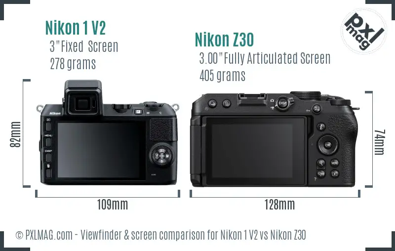 Nikon 1 V2 vs Nikon Z30 Screen and Viewfinder comparison