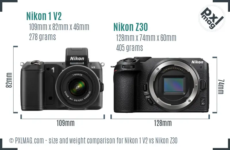 Nikon 1 V2 vs Nikon Z30 size comparison
