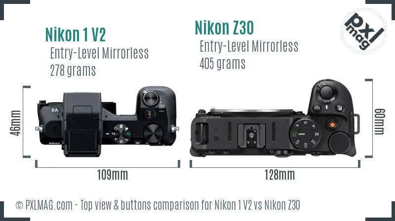 Nikon 1 V2 vs Nikon Z30 top view buttons comparison