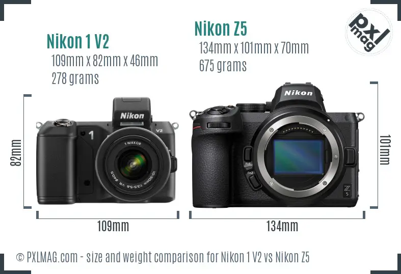 Nikon 1 V2 vs Nikon Z5 size comparison