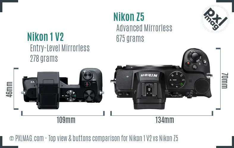 Nikon 1 V2 vs Nikon Z5 top view buttons comparison