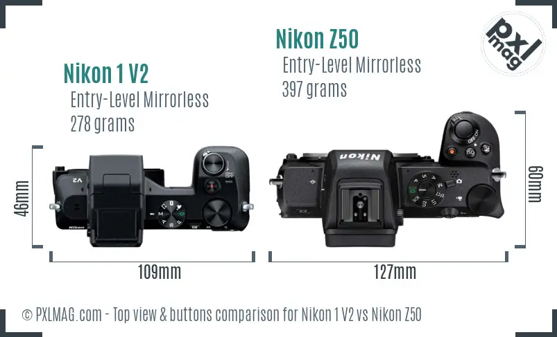 Nikon 1 V2 vs Nikon Z50 top view buttons comparison Nikon 1 V2 vs Nikon Z50 top view buttons comparison