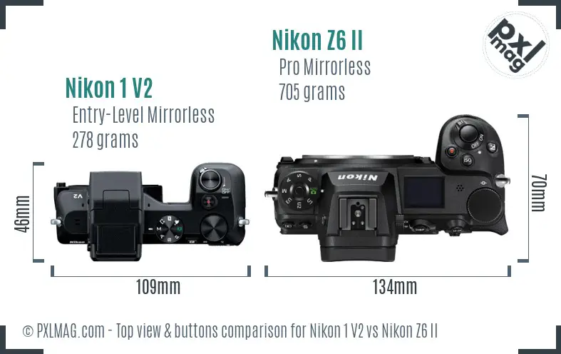 Nikon 1 V2 vs Nikon Z6 II top view buttons comparison