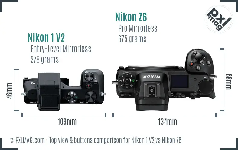 Nikon 1 V2 vs Nikon Z6 top view buttons comparison