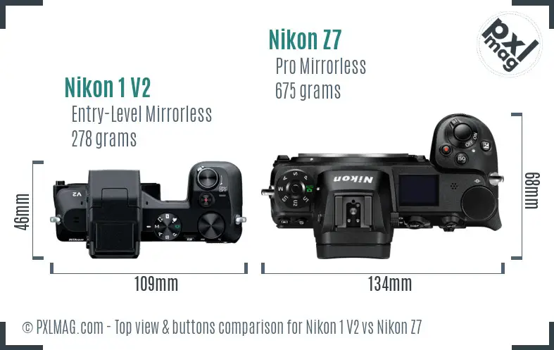 Nikon 1 V2 vs Nikon Z7 top view buttons comparison