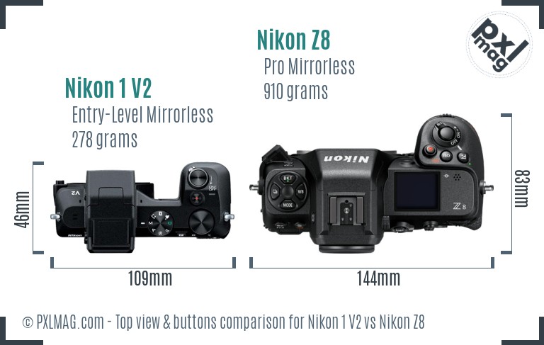 Nikon 1 V2 vs Nikon Z8 top view buttons comparison