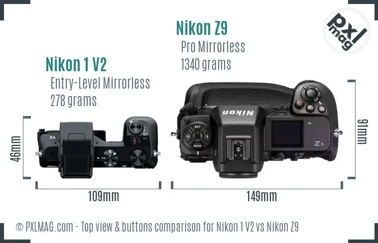 Nikon 1 V2 vs Nikon Z9 top view buttons comparison