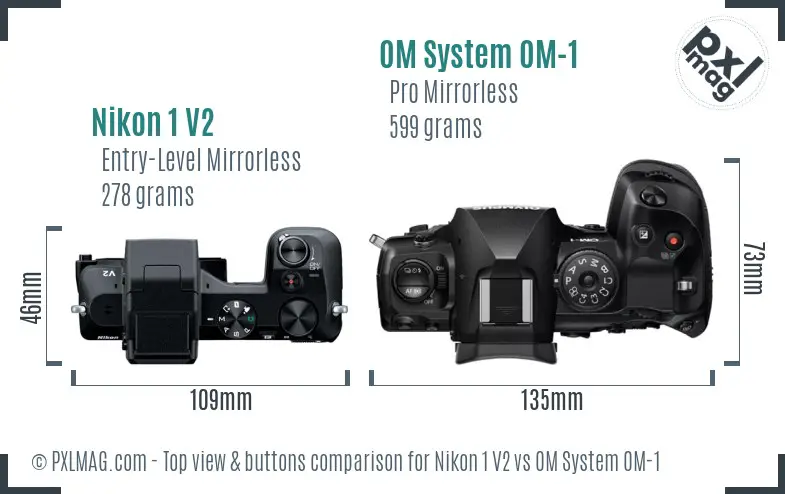 Nikon 1 V2 vs OM System OM-1 top view buttons comparison Nikon 1 V2 vs OM System OM-1 top view buttons comparison