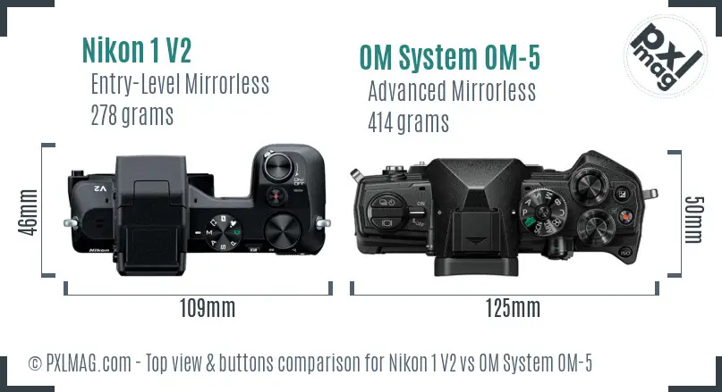 Nikon 1 V2 vs OM System OM-5 top view buttons comparison