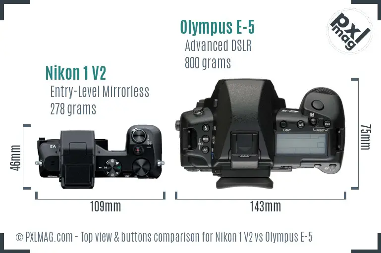 Nikon 1 V2 vs Olympus E-5 top view buttons comparison