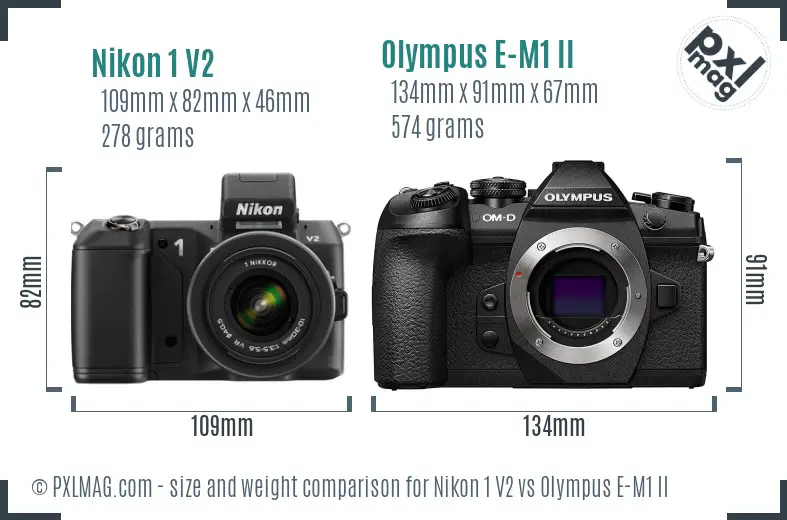 Nikon 1 V2 vs Olympus E-M1 II size comparison