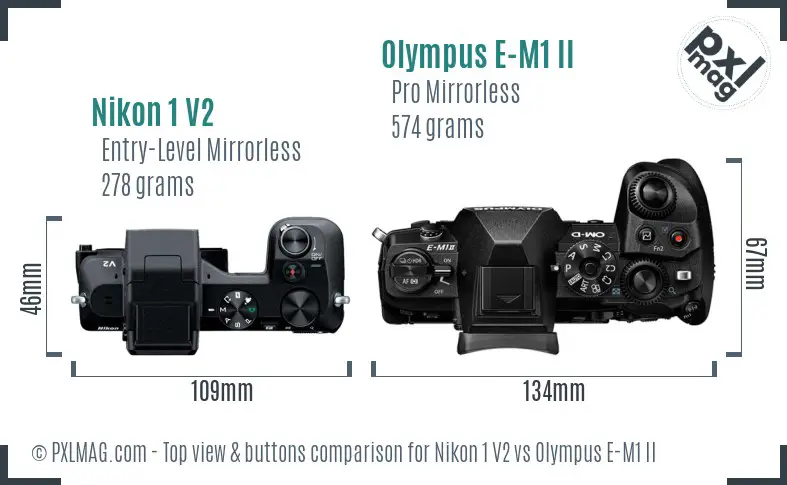 Nikon 1 V2 vs Olympus E-M1 II top view buttons comparison