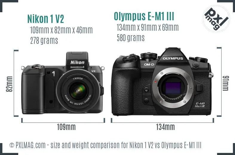 Nikon 1 V2 vs Olympus E-M1 III size comparison Nikon 1 V2 vs Olympus E-M1 III size comparison