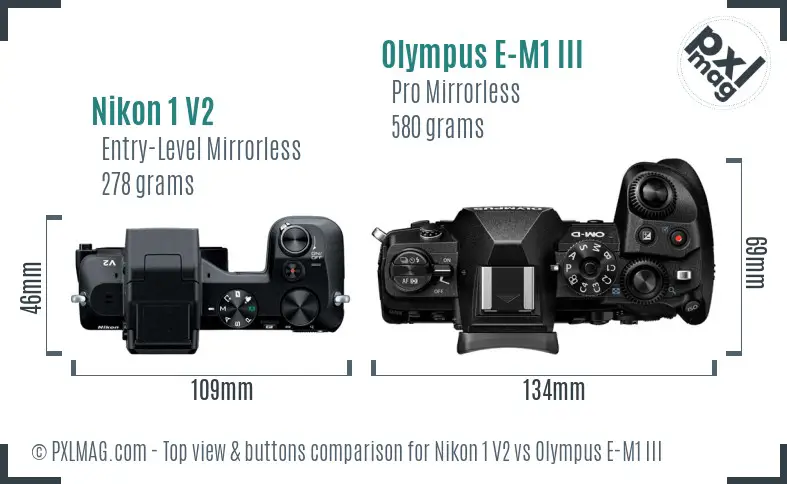 Nikon 1 V2 vs Olympus E-M1 III top view buttons comparison Nikon 1 V2 vs Olympus E-M1 III top view buttons comparison