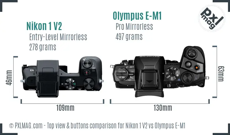 Nikon 1 V2 vs Olympus E-M1 top view buttons comparison