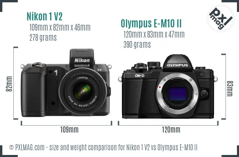 Nikon 1 V2 vs Olympus E-M10 II size comparison