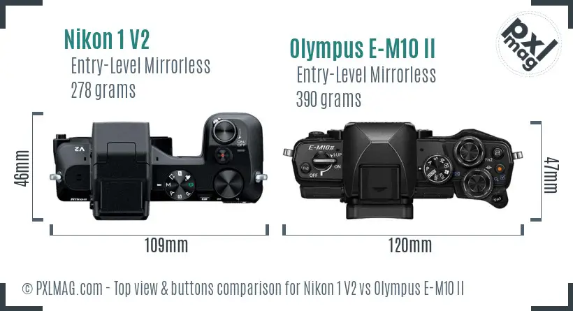 Nikon 1 V2 vs Olympus E-M10 II top view buttons comparison