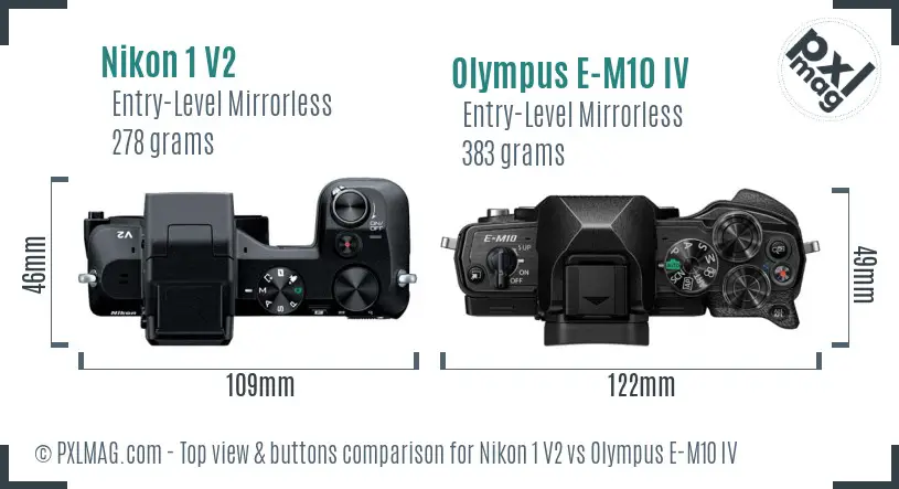 Nikon 1 V2 vs Olympus E-M10 IV top view buttons comparison