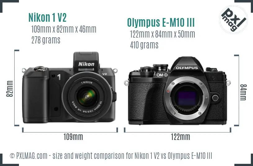 Nikon 1 V2 vs Olympus E-M10 III size comparison