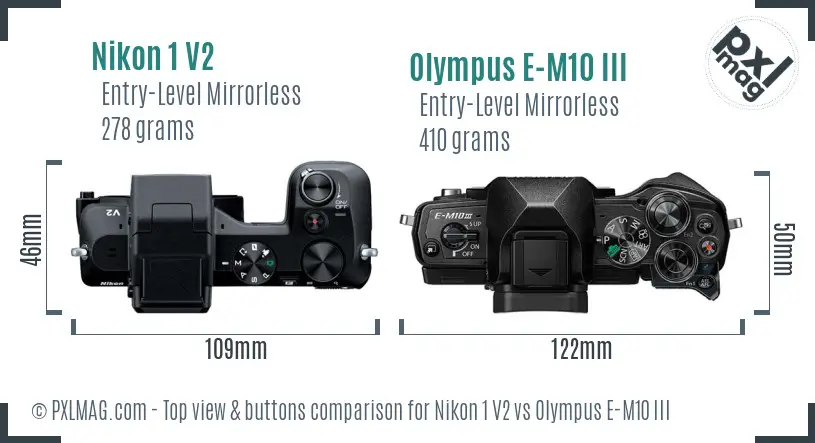 Nikon 1 V2 vs Olympus E-M10 III top view buttons comparison