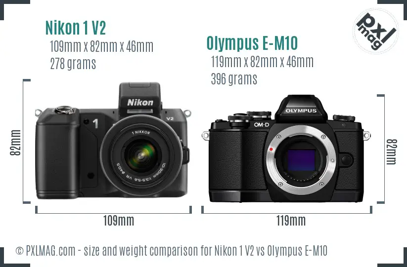 Nikon 1 V2 vs Olympus E-M10 size comparison