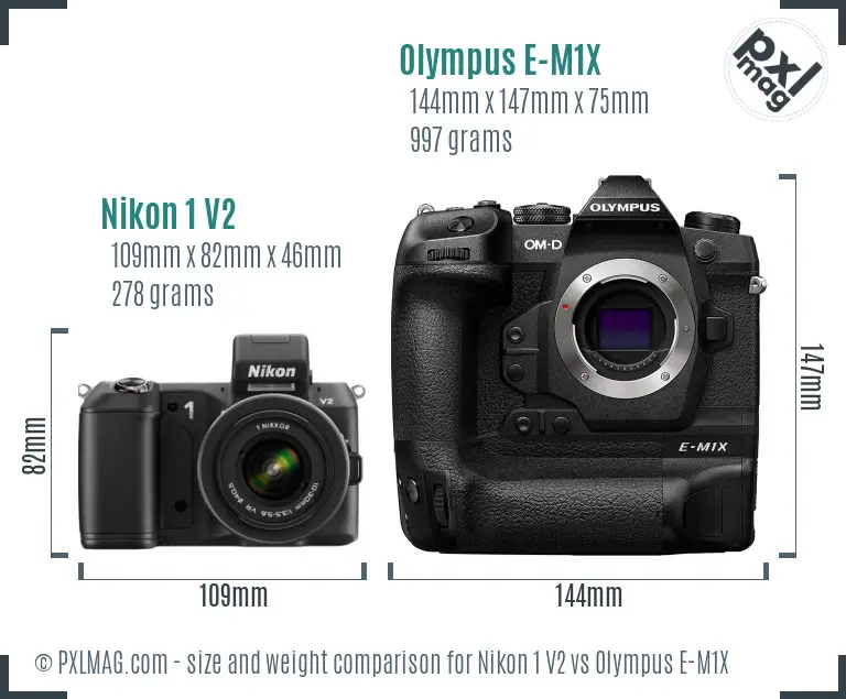 Nikon 1 V2 vs Olympus E-M1X size comparison Nikon 1 V2 vs Olympus E-M1X size comparison