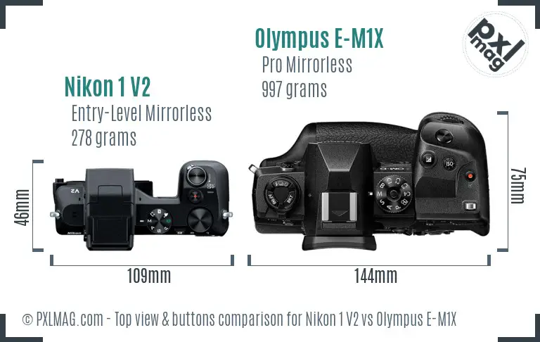 Nikon 1 V2 vs Olympus E-M1X top view buttons comparison Nikon 1 V2 vs Olympus E-M1X top view buttons comparison