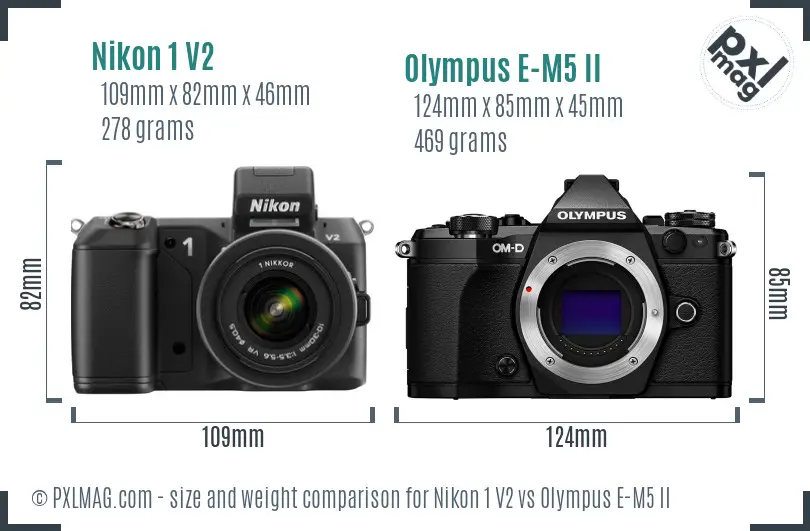 Nikon 1 V2 vs Olympus E-M5 II size comparison